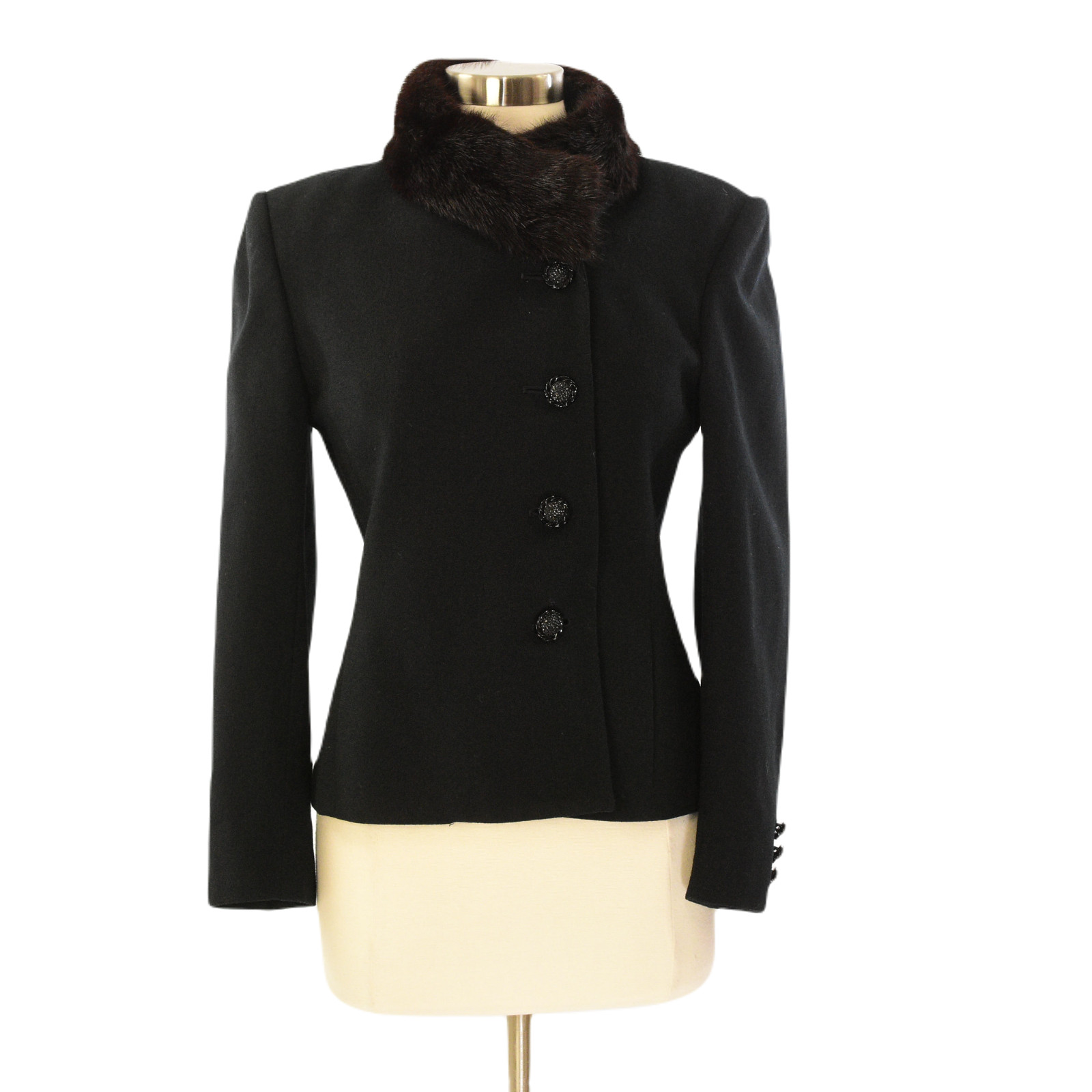 80s Vintage Herbert Grossman Asymmetrical Wool & Sable Fur Collar Jacket Women 8