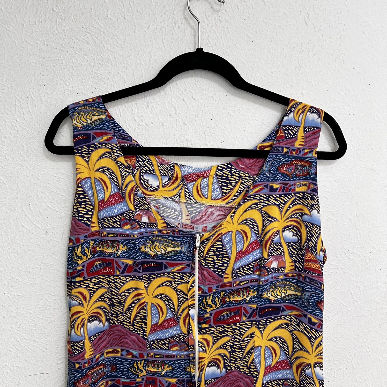 Reyn Spooner Miley Collection VTG Dress Hawaiian Fishes Palm Trees Aloha Size M