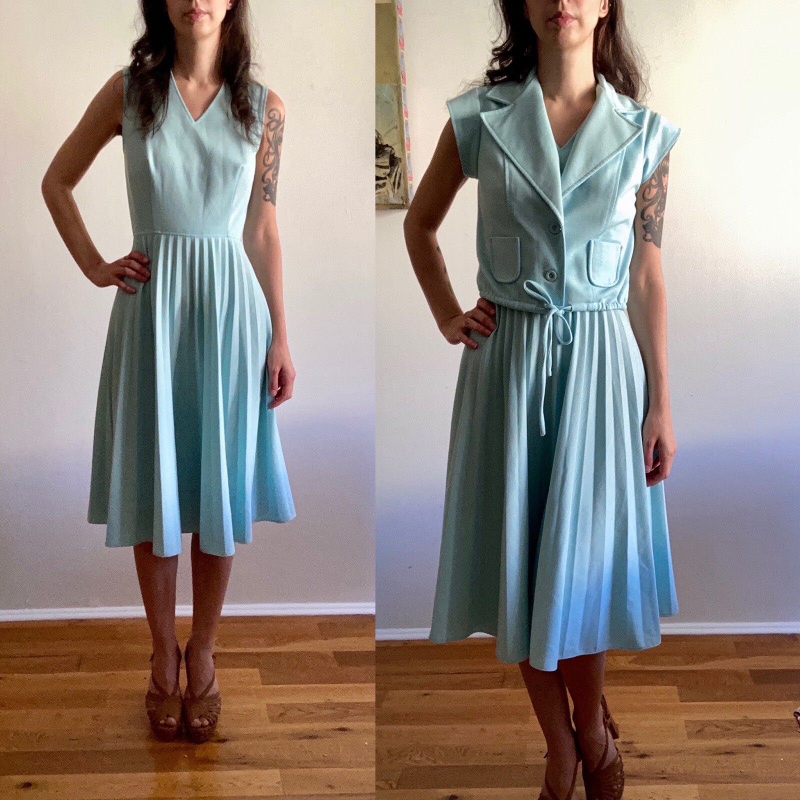 Vintage 1970s women’s Jerell of Texas blue two piece dress pleated with jacket