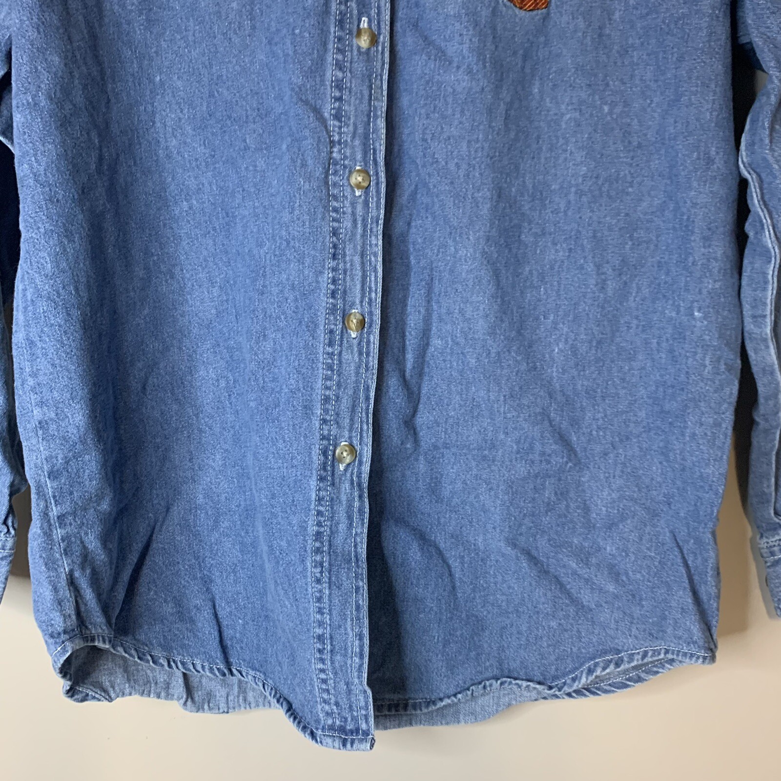 VTG Christmas Teddy Bear Embroidered Denim Shirt Holiday Top Womens M/L Approx