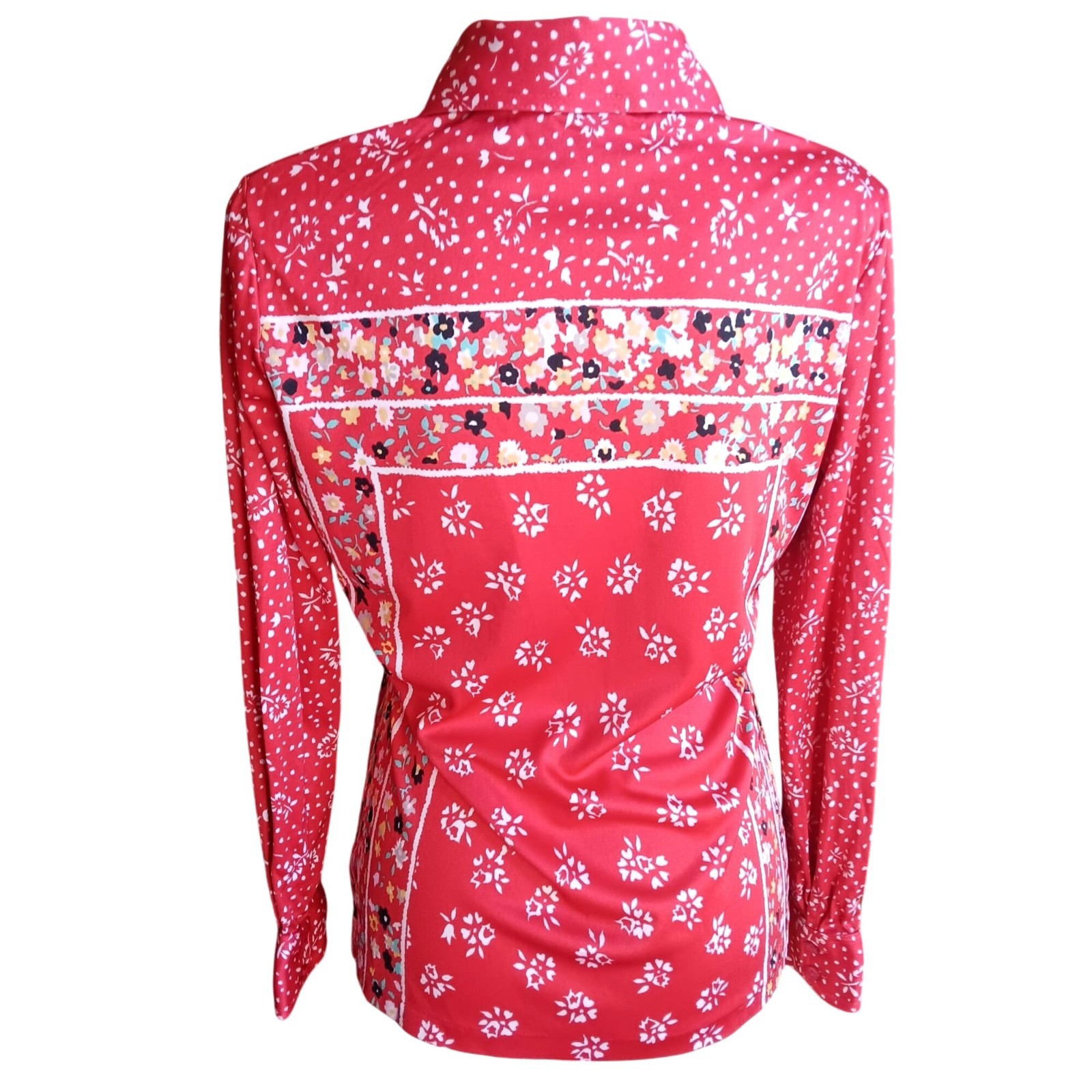 True Vintage Boho Top 13/14 Large Groovy Red Floral Tami Button-Up 1970’s Hippy