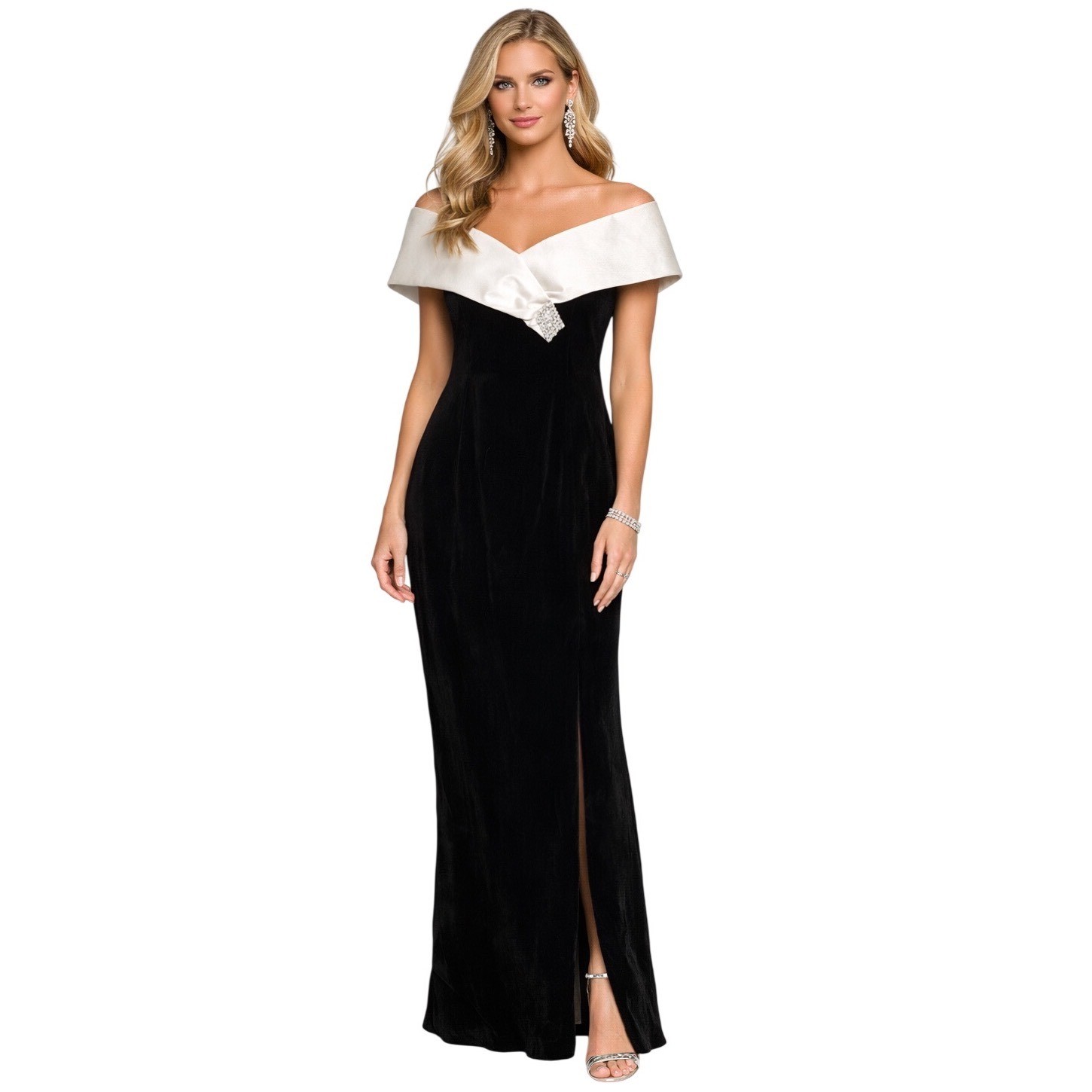 Vintage Michael Marcella Black Velvet Gown Off Shoulder Ivory Satin 10 Made USA
