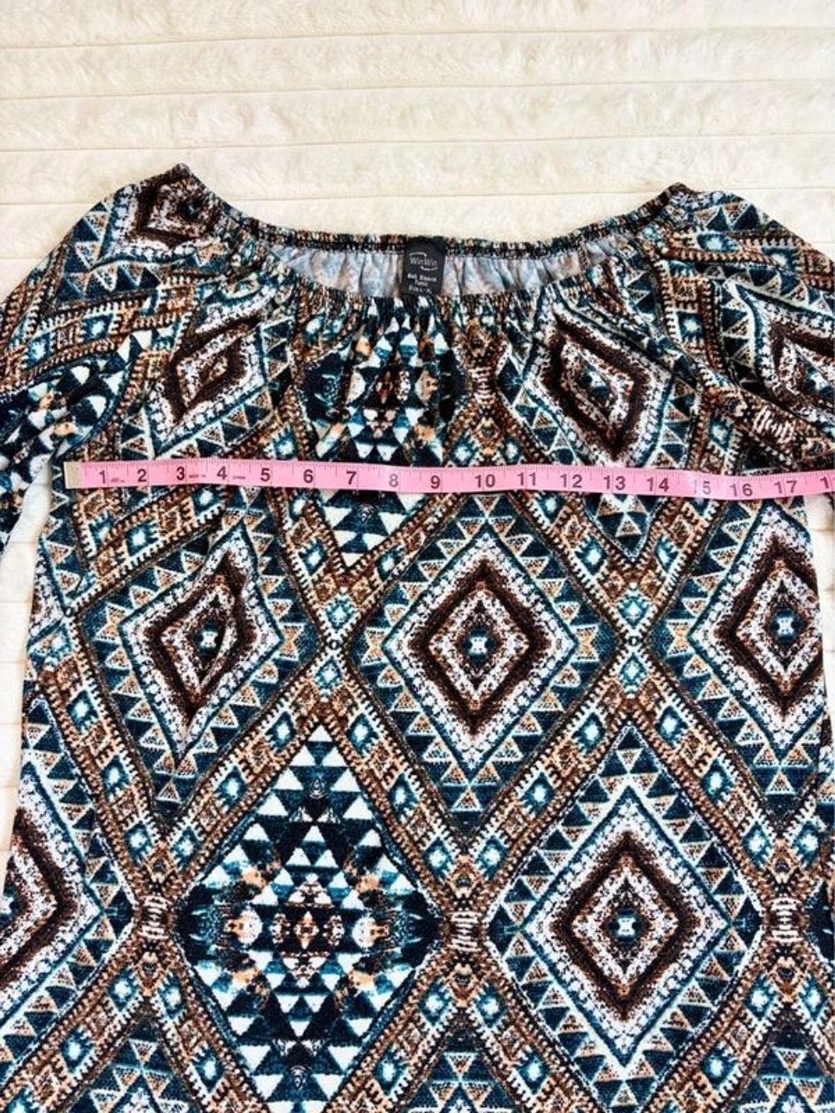 Win Win Off Shoulder Top L/XL Blue Brown Geometric Tunic Bell Sleeve Boho Blouse