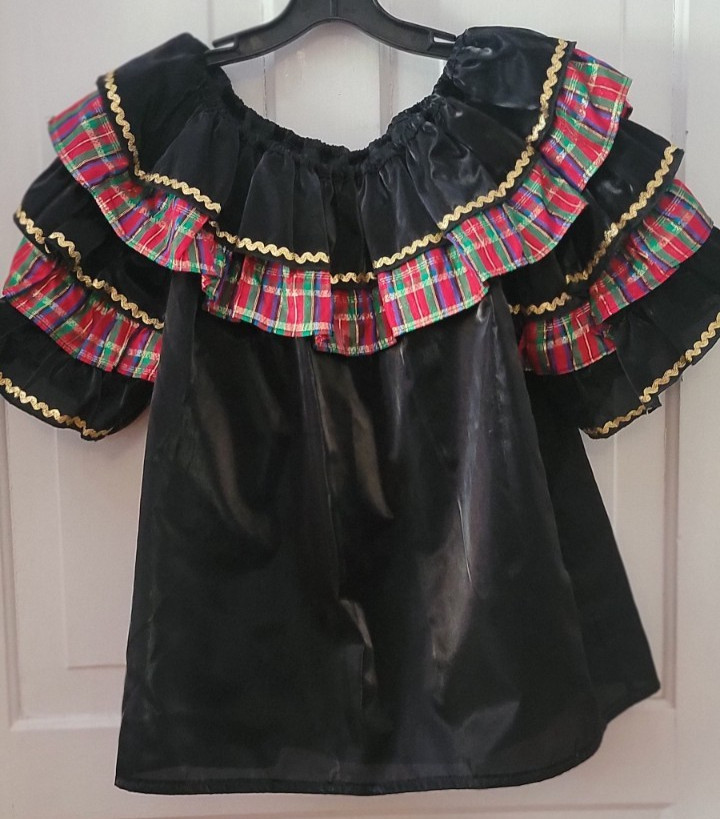 RARE VTG Black Satin Red Plaid Ruffle Square Dance Western Top LG Peasant Blouse