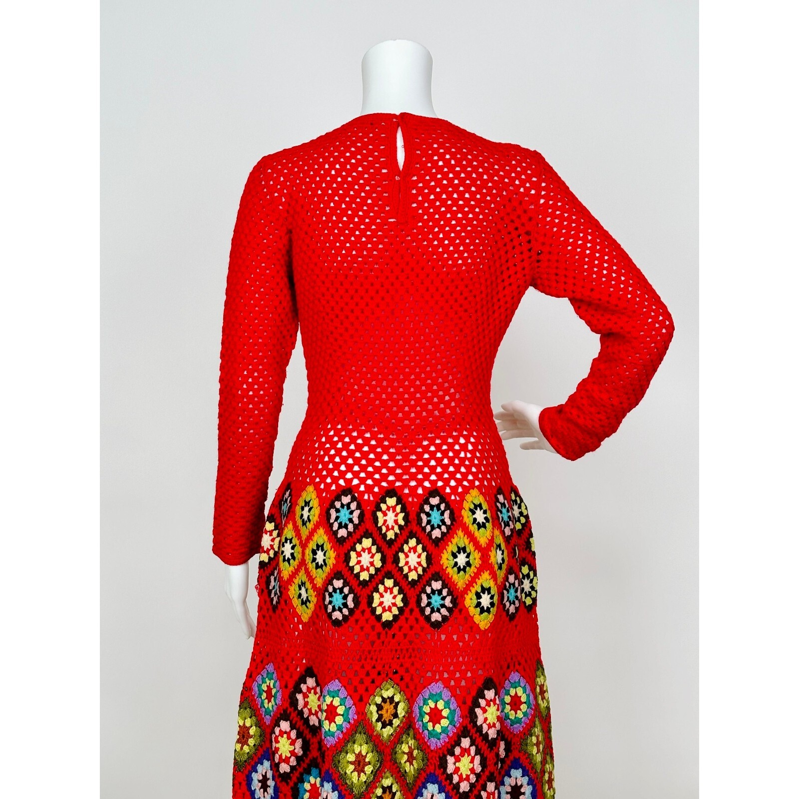 Vintage 1970s Maskit Israel Crochet granny Square Maxi Dress Wool Red Multicolor