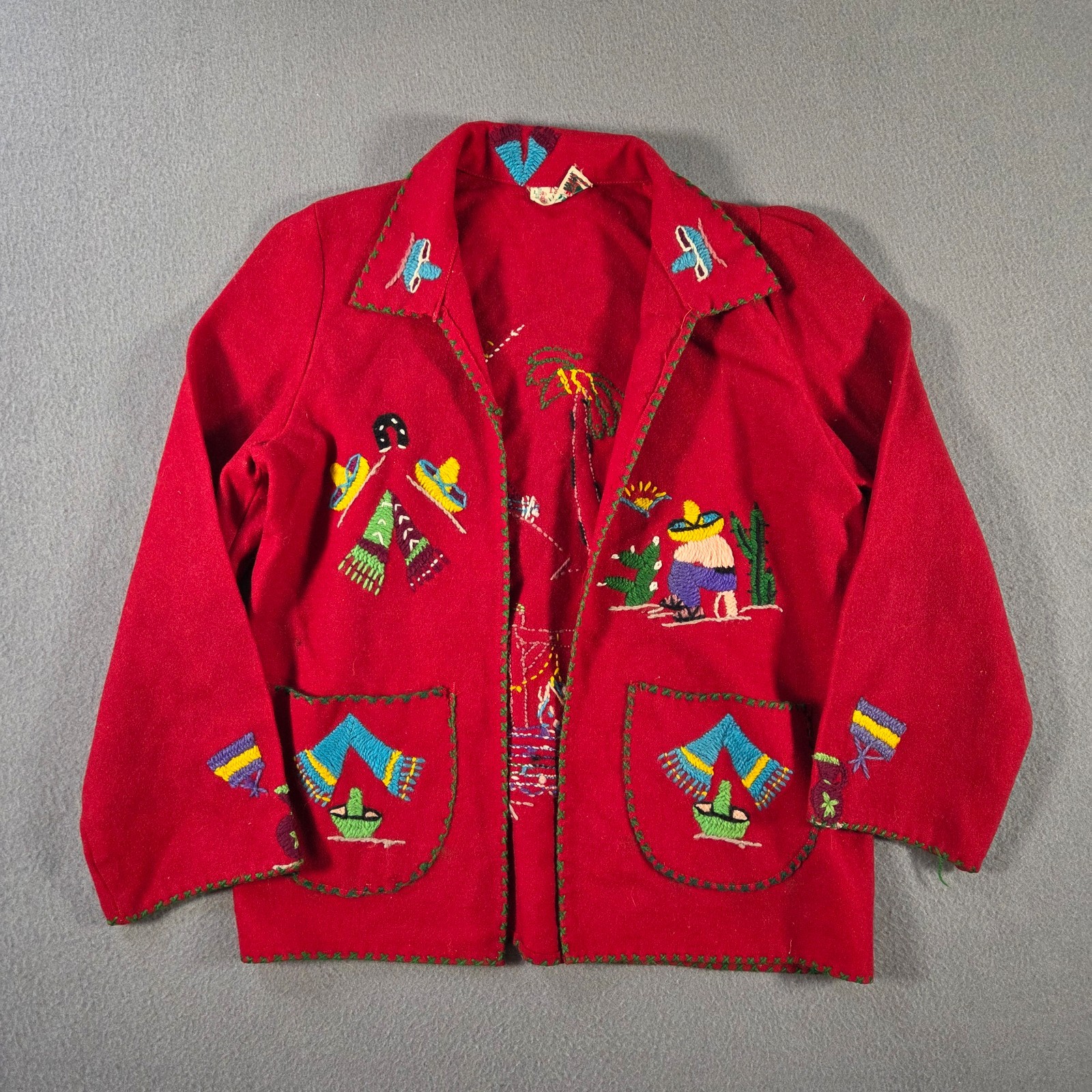 Vintage Mexico Souvenir Jacket Womens Small Red Wool Embroidered Lopez 50s