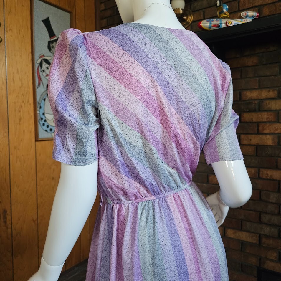 Vtg 80s Puff Sleeve Preppy Disco Studio 54 Rainbow Striped Day Party Dress M/L