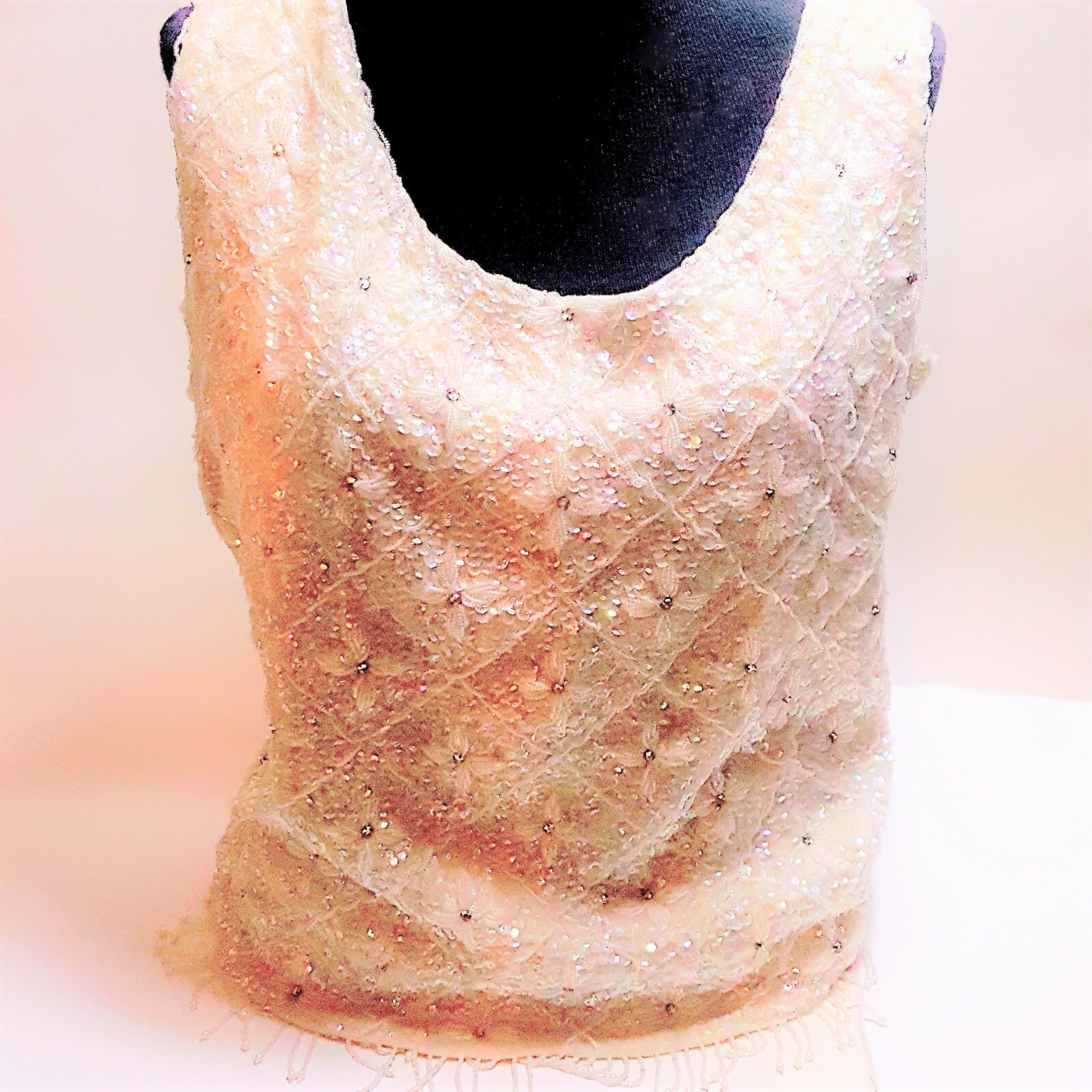 1960s Designer Vintage ZADO OF CALIFORNIA Beaded Sequin Top Fringe Iridescent M