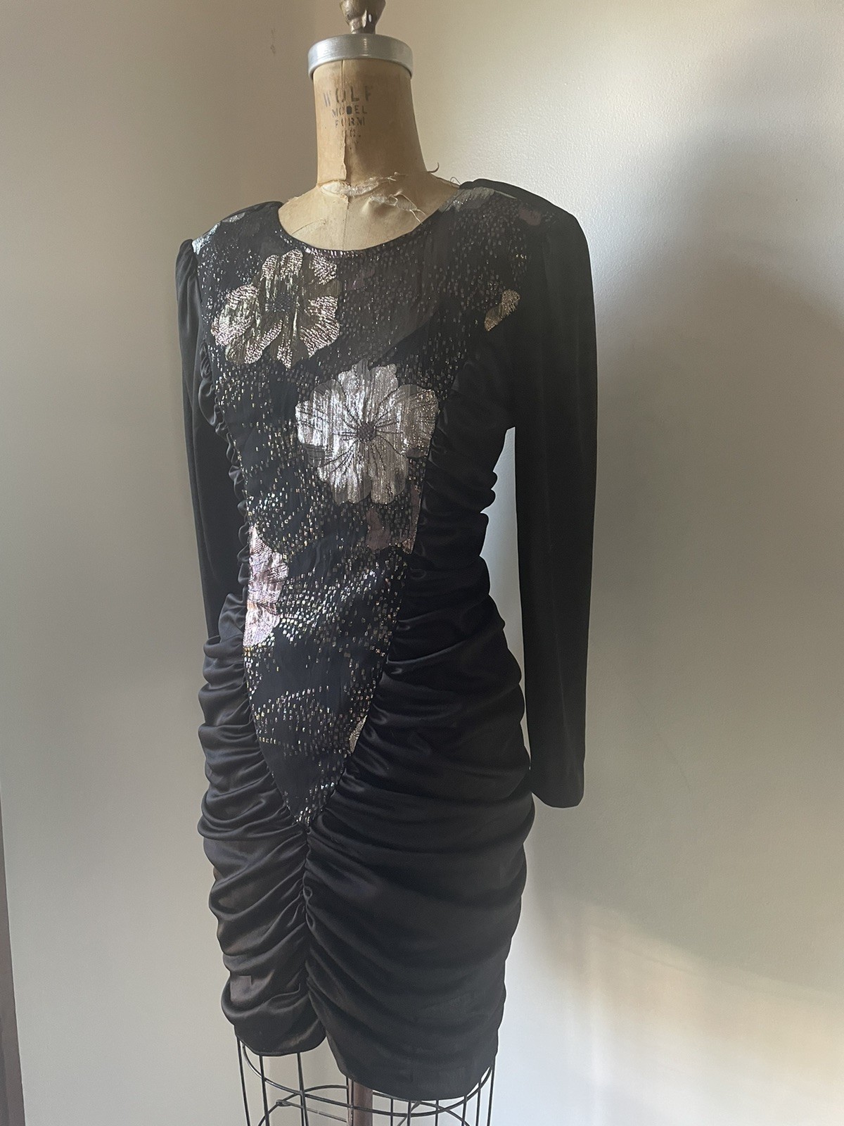 Vintage ‘80s Glam Mini Dress Coffin Ruched Black & Sparkly Lurex Body Con XS