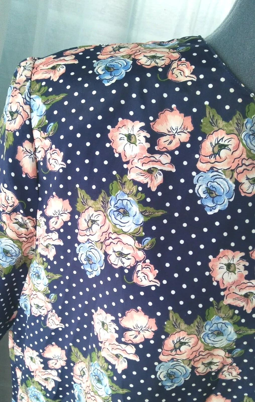 Vintage Gianna Navy Blue Blouse with Polka Dots & Florals Size Medium