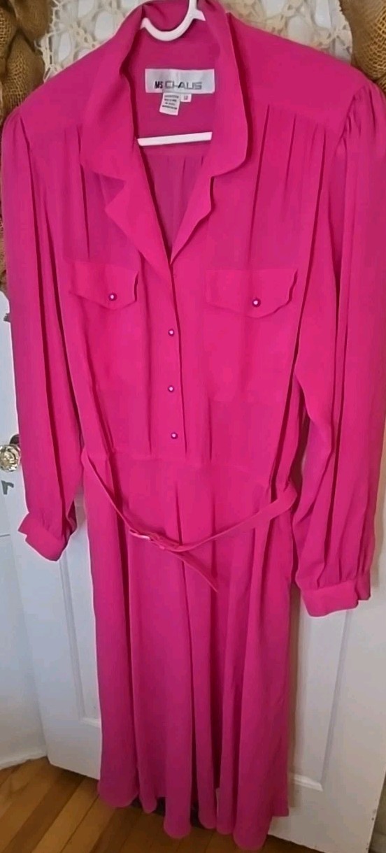 Vintage 1980s Ms Chaus Pink Belted Secretary Dress Size 12 Silky Button Down