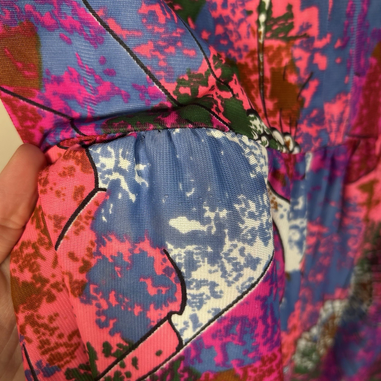 VTG 60s Floral Abstract Mock Neck Hippie Psychedelic Long Maxi Dress Sz M