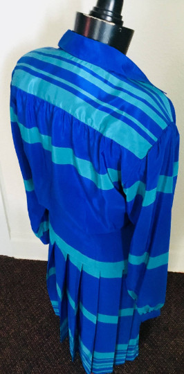 80’s Vintage Blue Green Striped Blouse Skirt Set