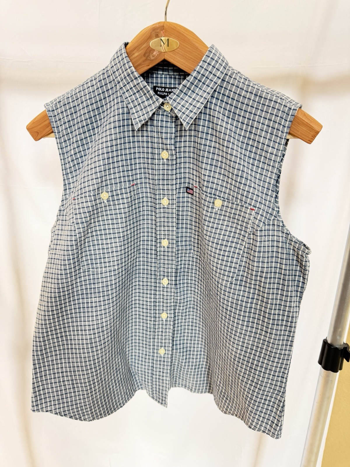 Ralph Lauren Vintage Collared Sleeveless Button Closure Blue/White Checker Sz XL