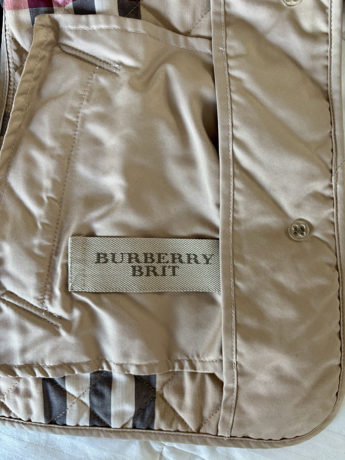 Burberry Brit Tan Quilted Jacket Size PS Vintage Plaid Logo on Buttons