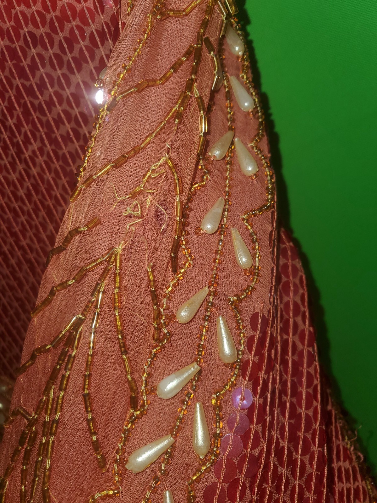 Vintage silk rayon sequin imitation pearl party , club dress color reddish and