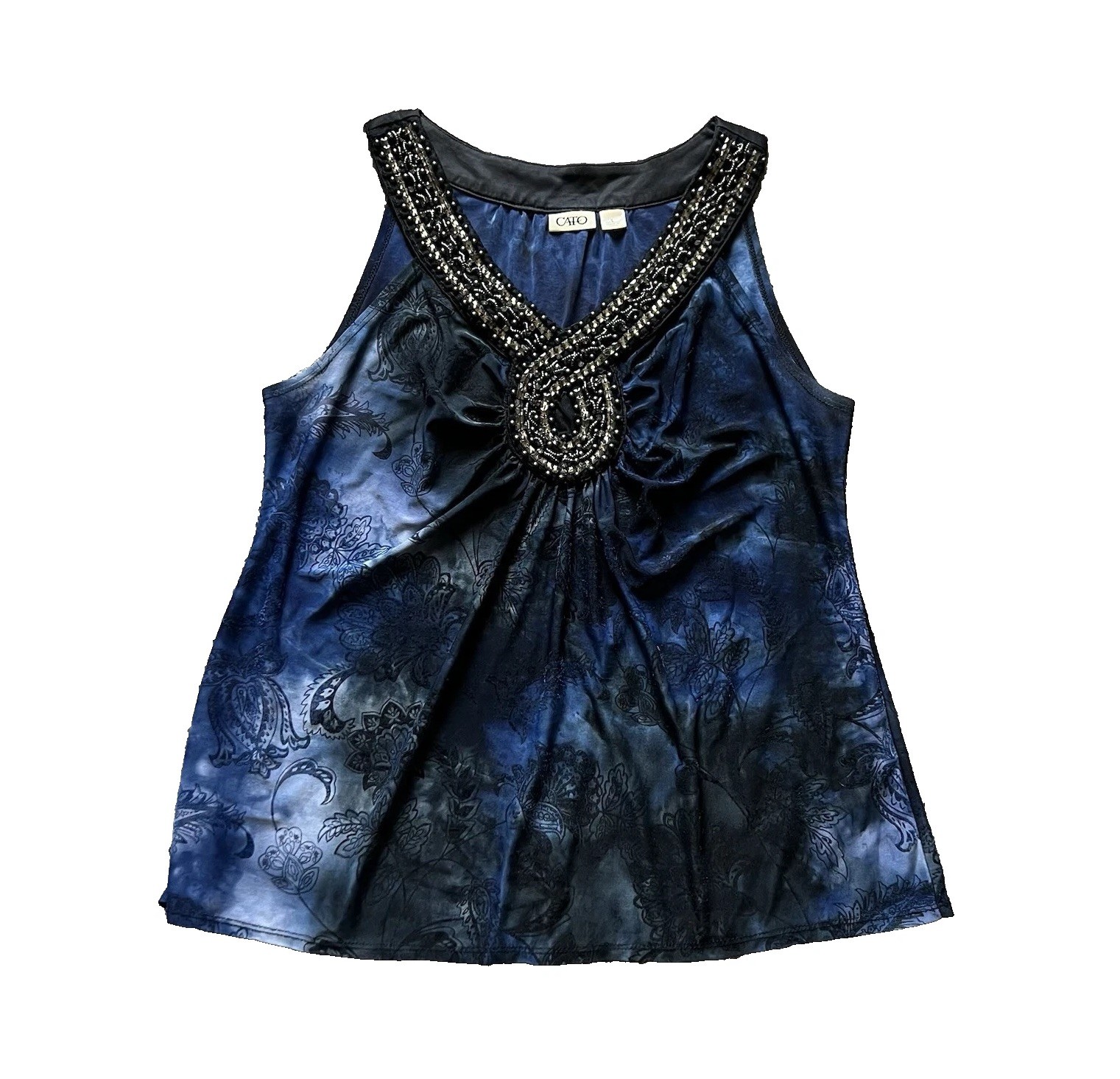 Y2K 2000s Blouse Large Blue Paisley Beaded Top Sleeveless Whimsigoth Fairy Boho