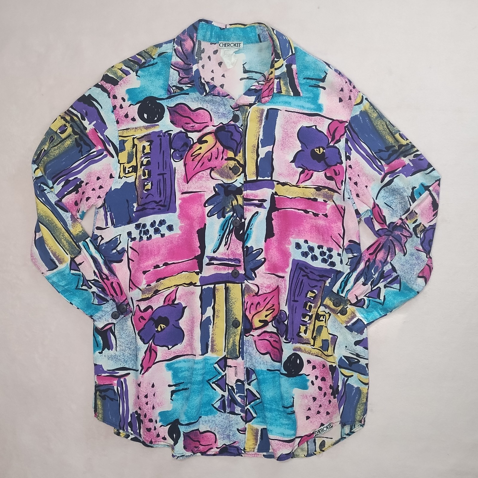 vintage 80s oversized colorful tropical button down shirt sz 4 1980s retro