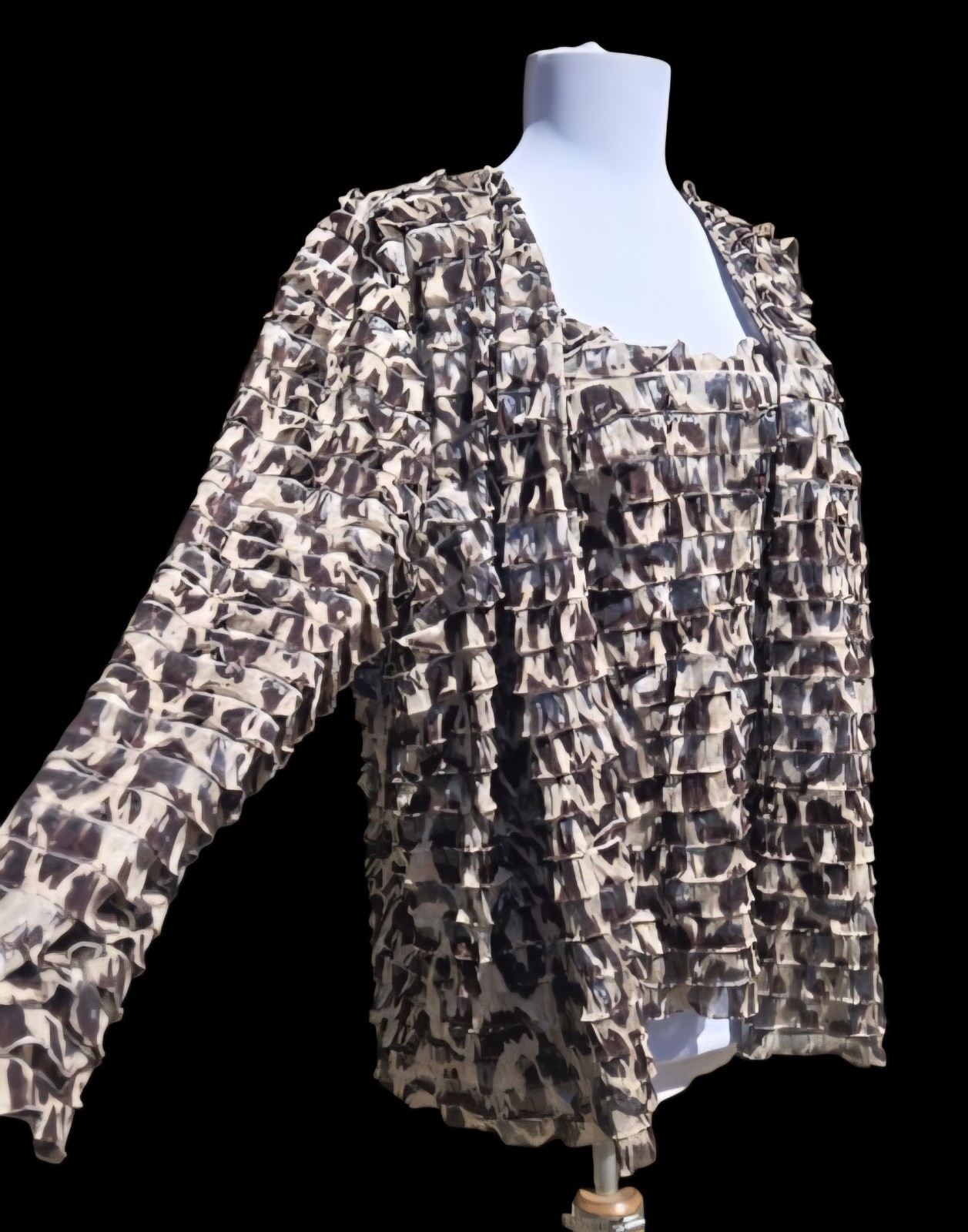 1980s R&M RICHARDS PETITE 1PC Glimmering Ruffled Tank/Open Front Jacket Top 16P