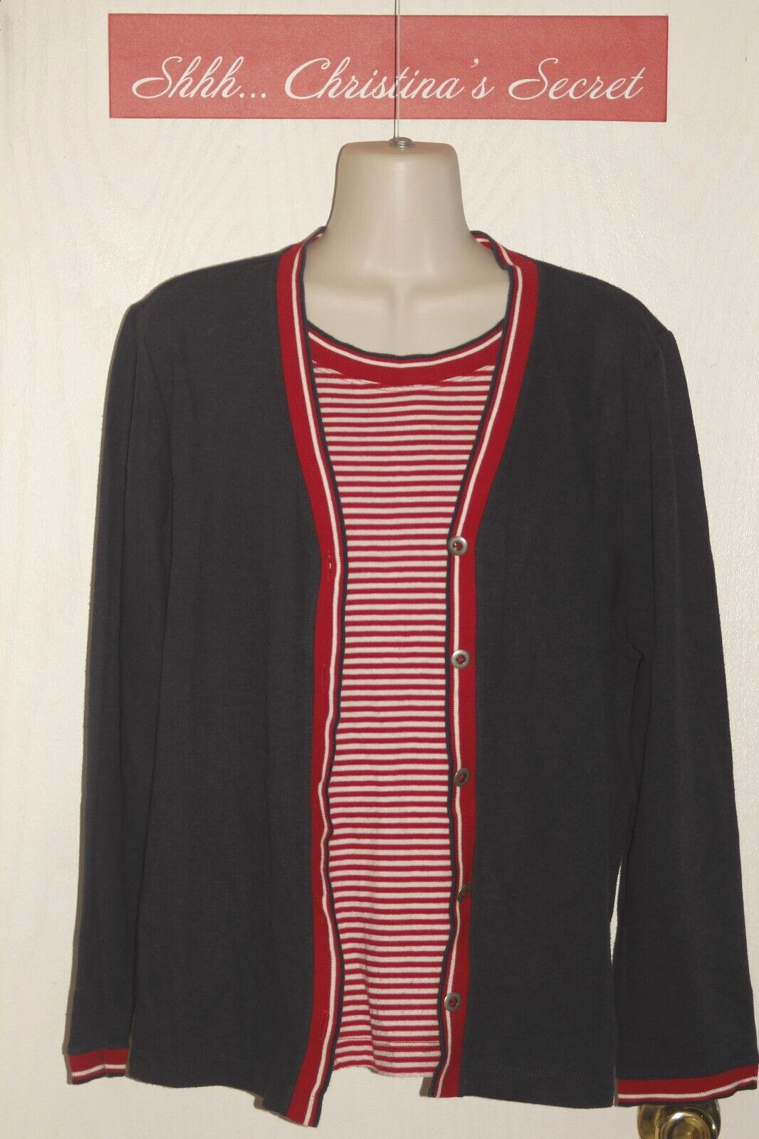 VINTAGE TEDDI 2 in 1 Top Cardigan Sweater Knit Navy Blue Red White Stripes Sz L