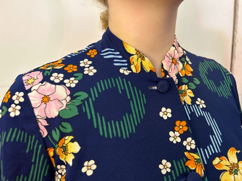 Vintage 1980s Stand Collar Shirt Waist Dress Blue Floral Polyester Buttons AU 14