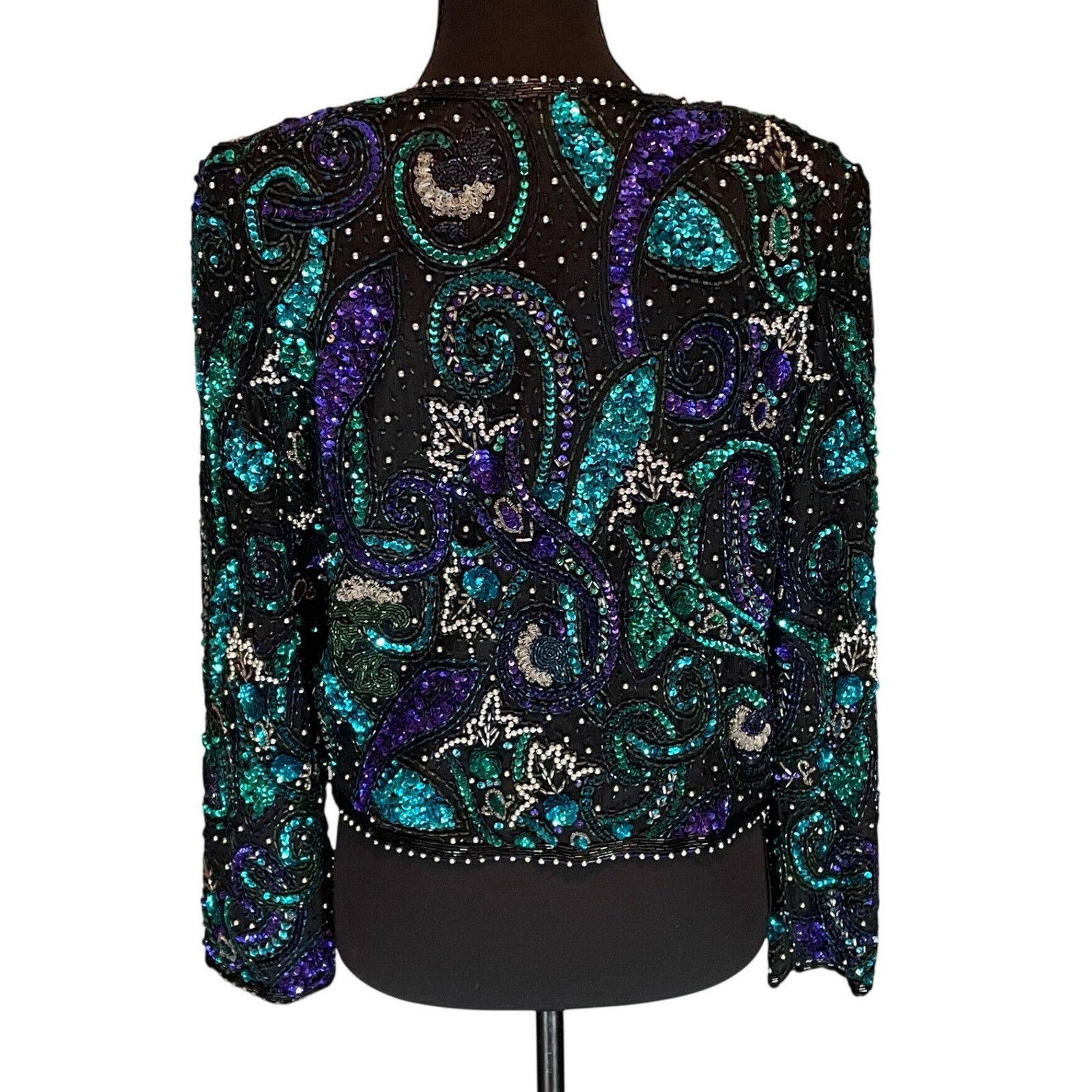 Laurence Kazar VTG Beaded Sequin Silk Paisley Jacket Teal Black PS 80s Glam