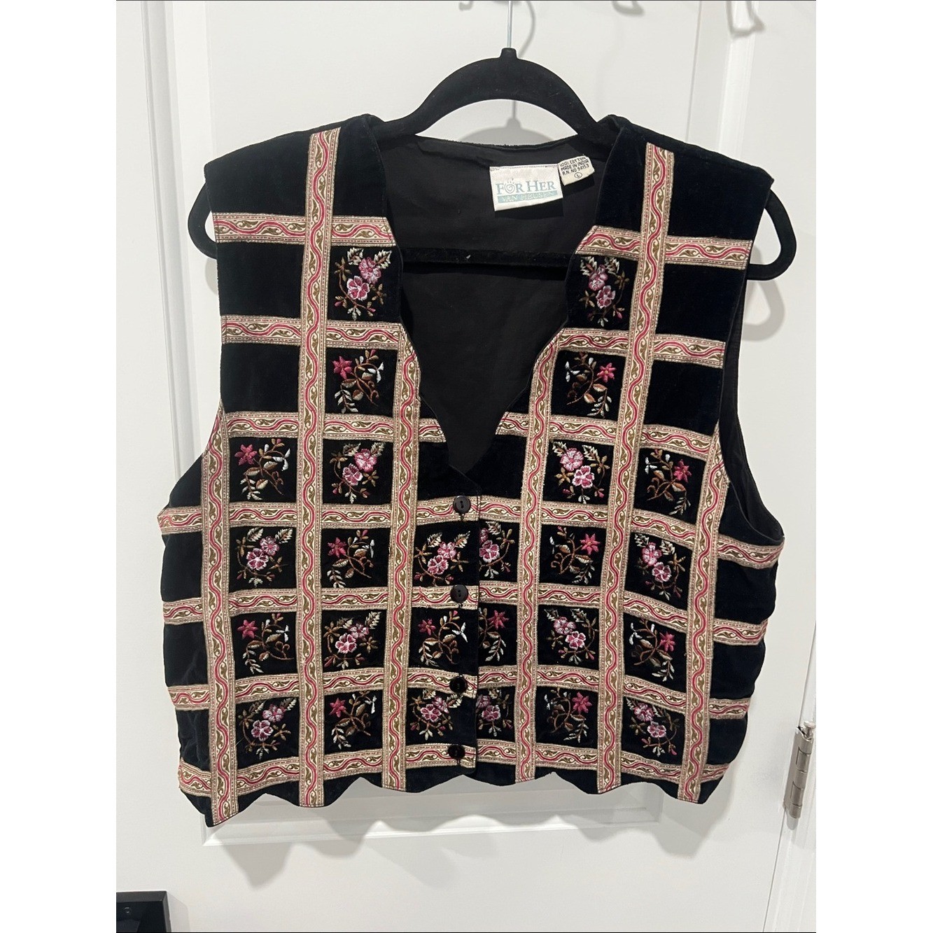 Vintage Van Heusen 100% Cotton Black Embroidered Button-Front Vest Size Large