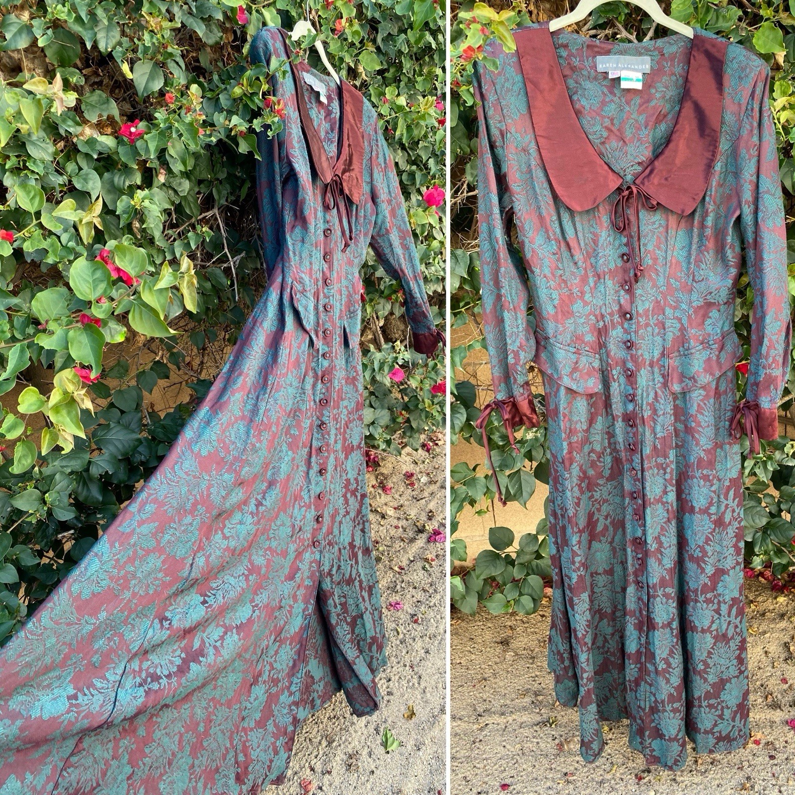 Vintage 80s 90s Karen Alexander Floral Jacquard Maxi Dress Burgundy Green USA 8