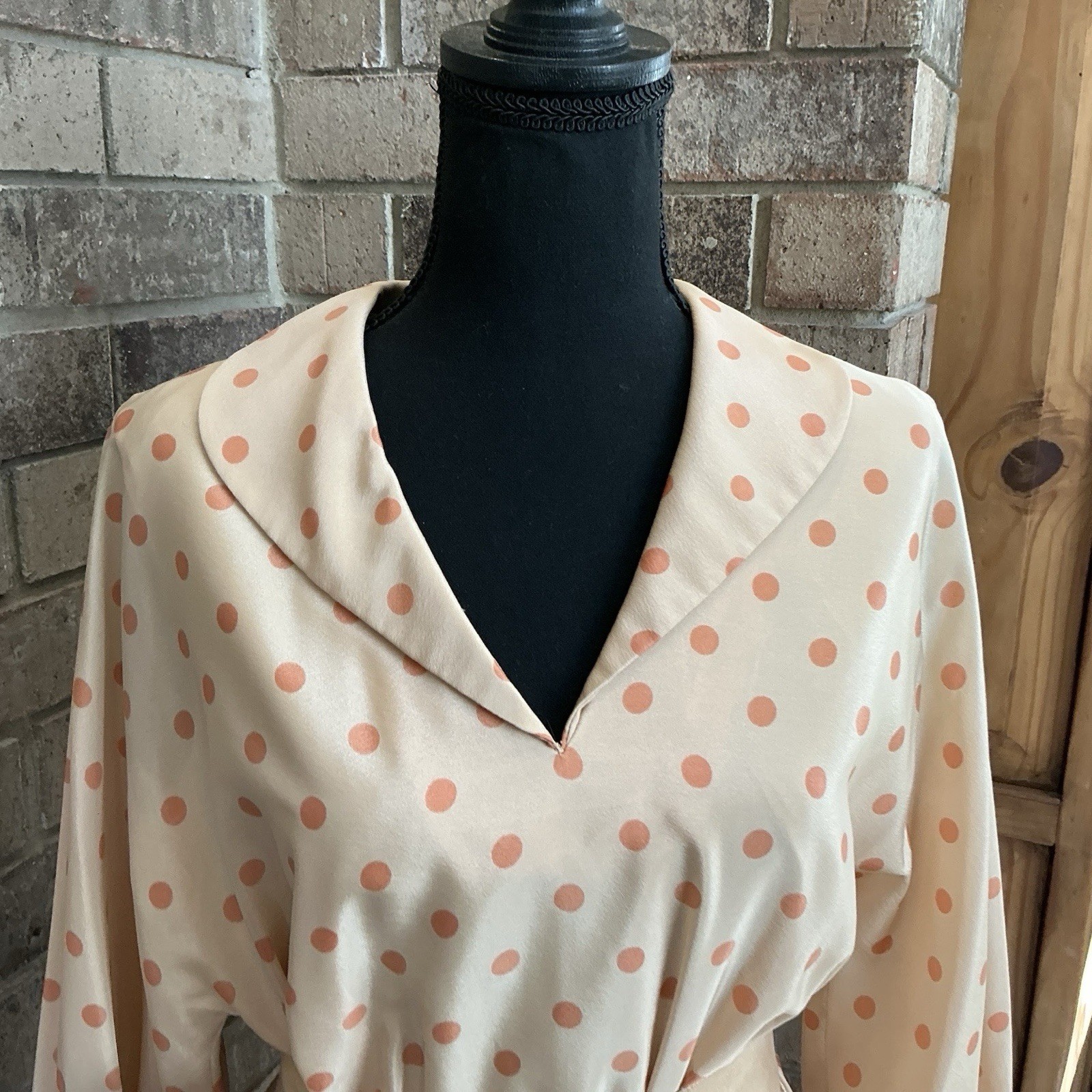 70s VTG Peach Polka Dot Belted Midi Dress Size M Blouson Sleeve Zip Back #1102