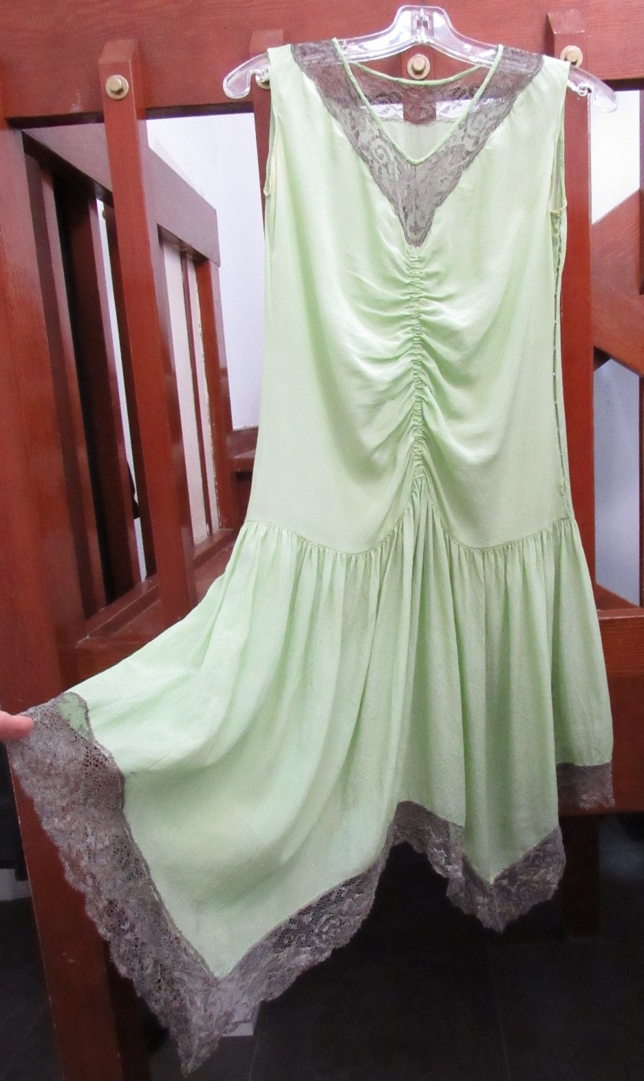 ROMANTIC 20s 30s SILK FLAPPER lace green Art Deco Dress fairy VTG whimsigoth S