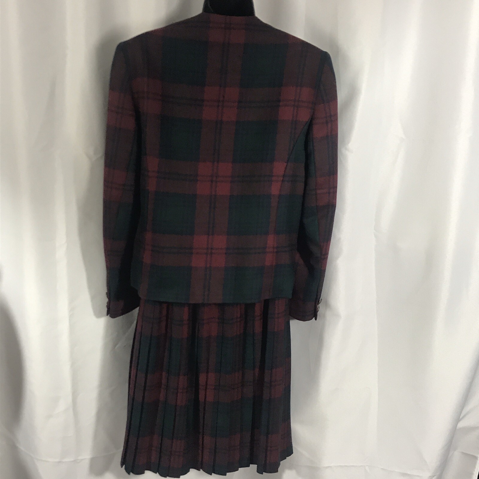 Pitlochry Scotland Kilt Style Tartan Skirt Jacket Size 12 Dark Red Green Tartan