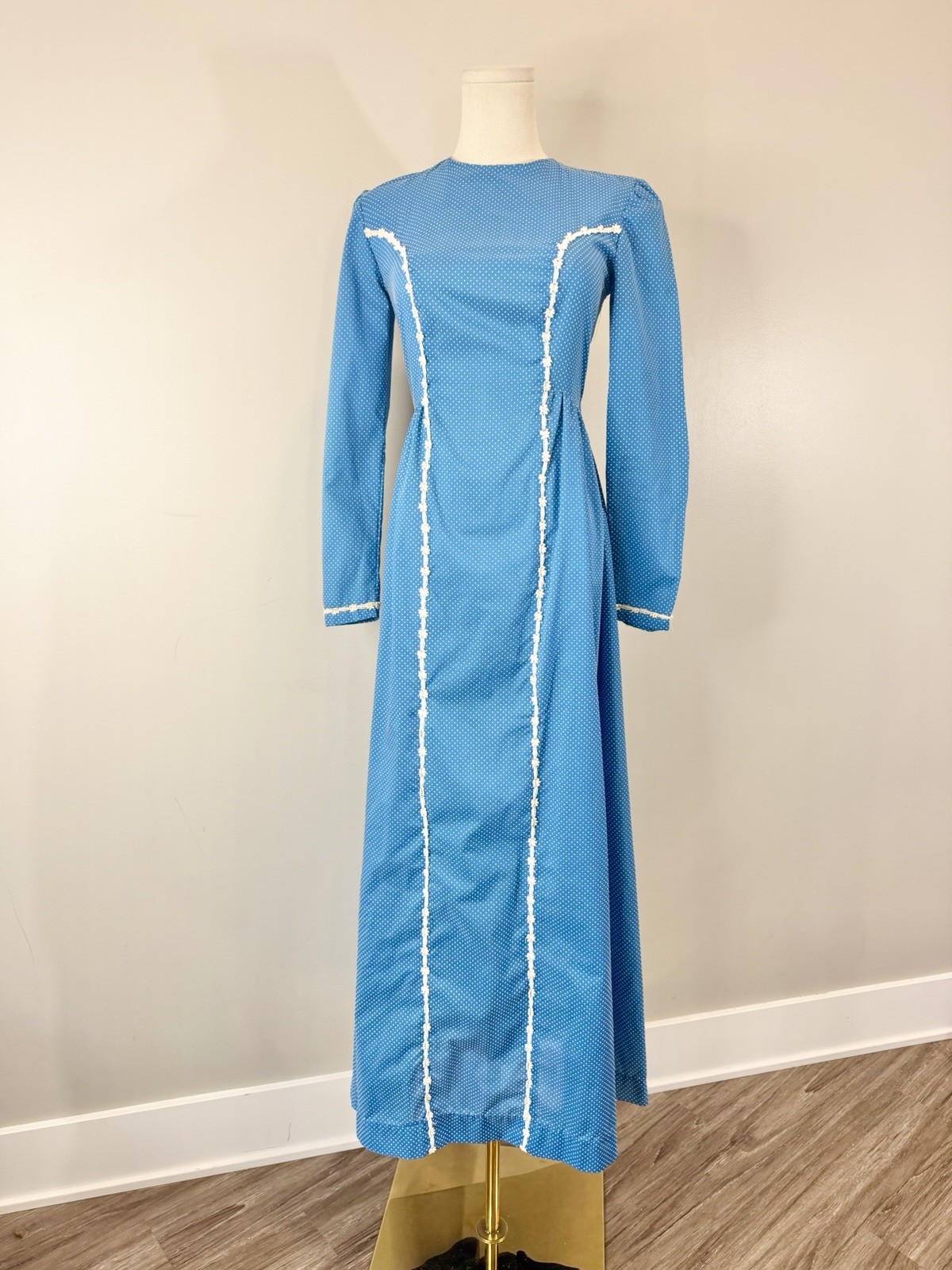 Vintage 1970s Prairie Dress Swiss Dot Cottagecore Romantic Elegant 70s Blue