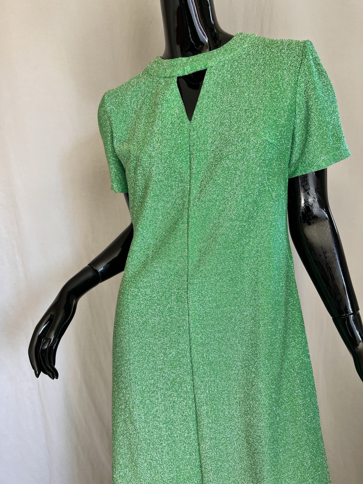 Vtg 1970s Hostess Dress Metallic Silver & Bright Green Maxi Cut Out Detail M/L