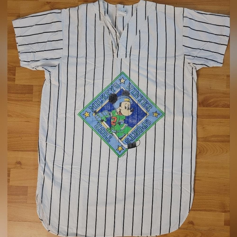 Rare Vintage Mickey Mouse Hockey Graphic Baseball-style Sleep Shirt, Large Tall