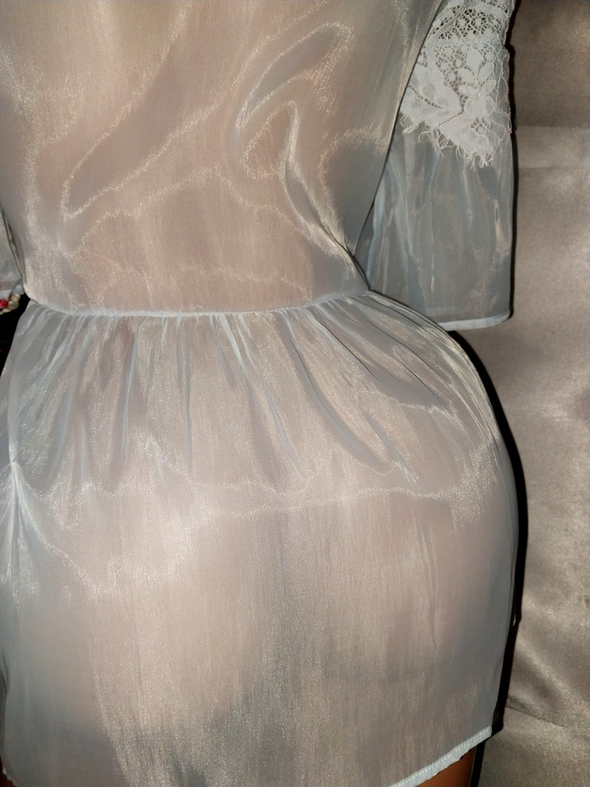 VTG SATIN OPAQUE SHEER SEE THRU BABY BLUE LACY BABYDOLL BLOUSE FLAIR SLV NOS L