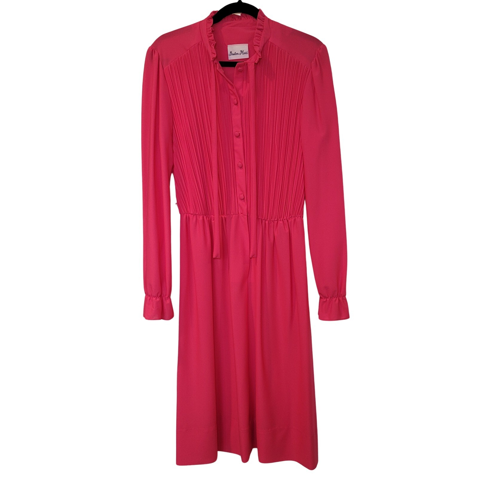 Vintage 70s 80s Boston Maid Fuschia Button Down Midi Dress Pleated Belted