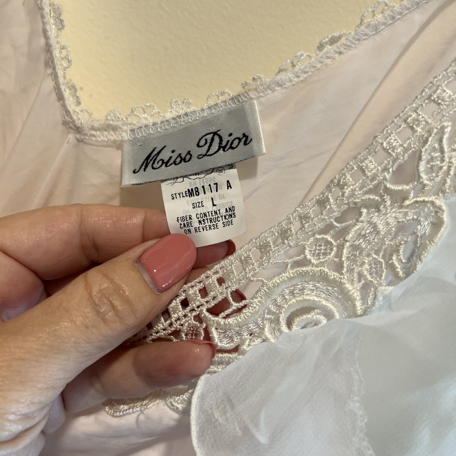 Vintage Miss Dior Nightgown NWT Light Pink & White Sheer Size L Flutter Sleeve