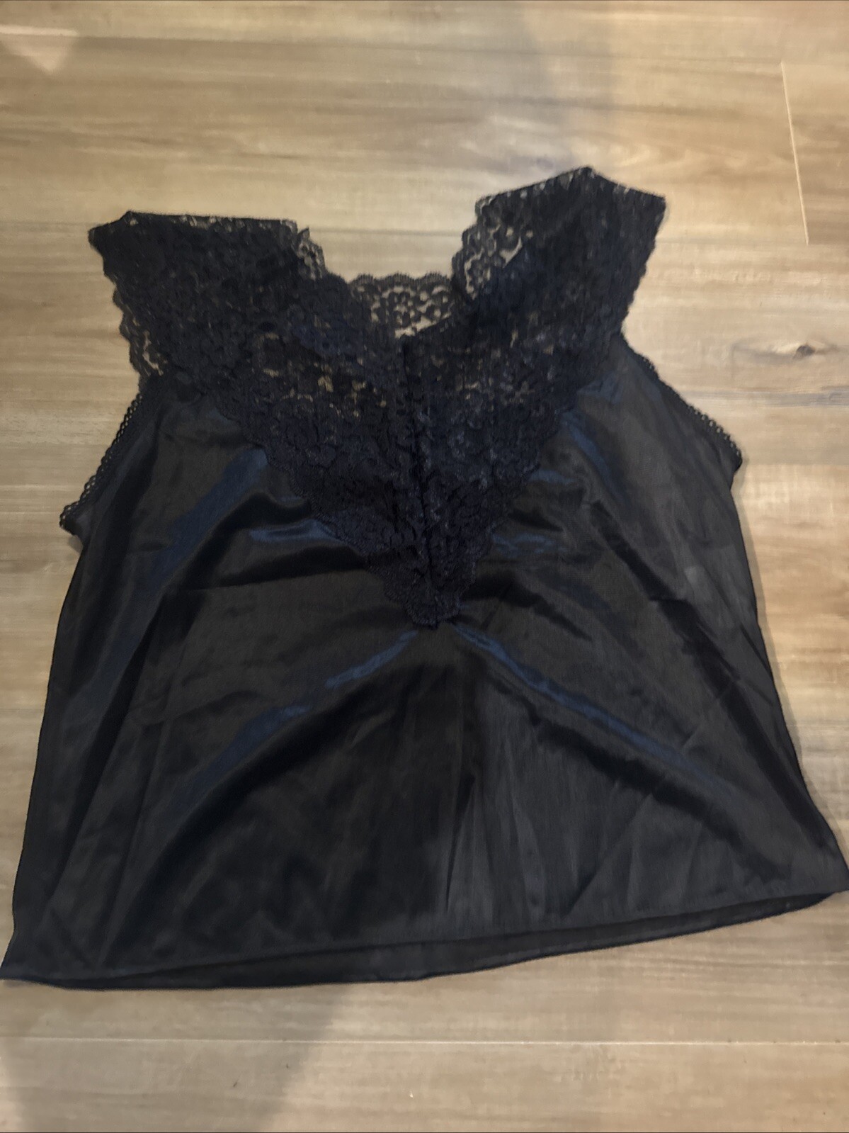 VINTAGE SLIP TOP CAMISOLE FULL FIGURE CAMI LINGERIE BLACK LACE TRIM USA L