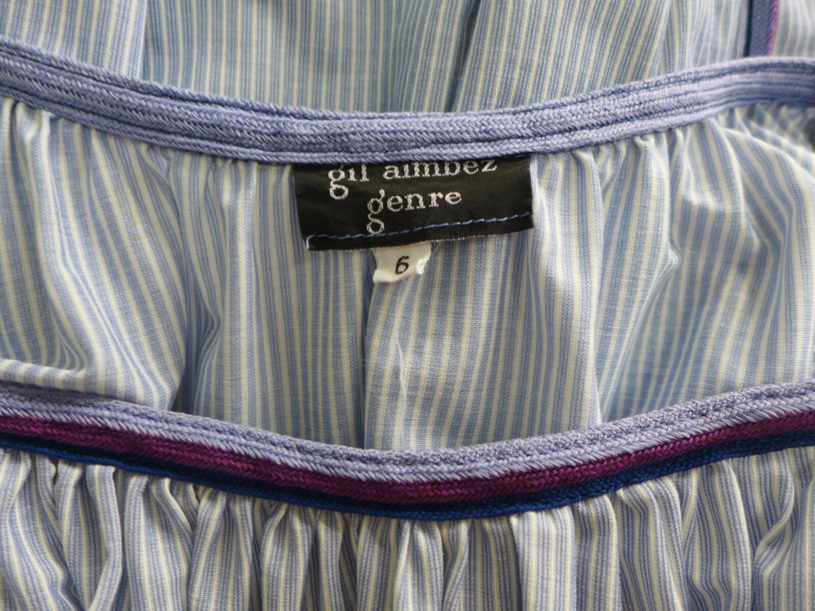 Vintage 1970’s Gil Aimbez Genre Blue White Striped Cotton Purple Braid Dress 6