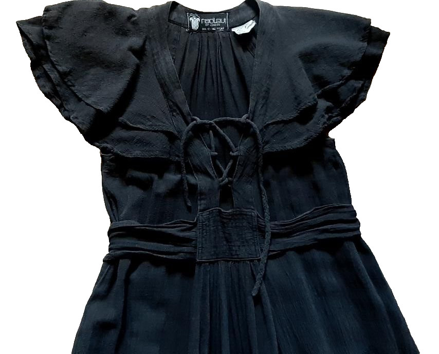 Vintage RADLEY London Black Maxi Sexy Cotton Dress Wing Sleeves Size 12-36″/91cm