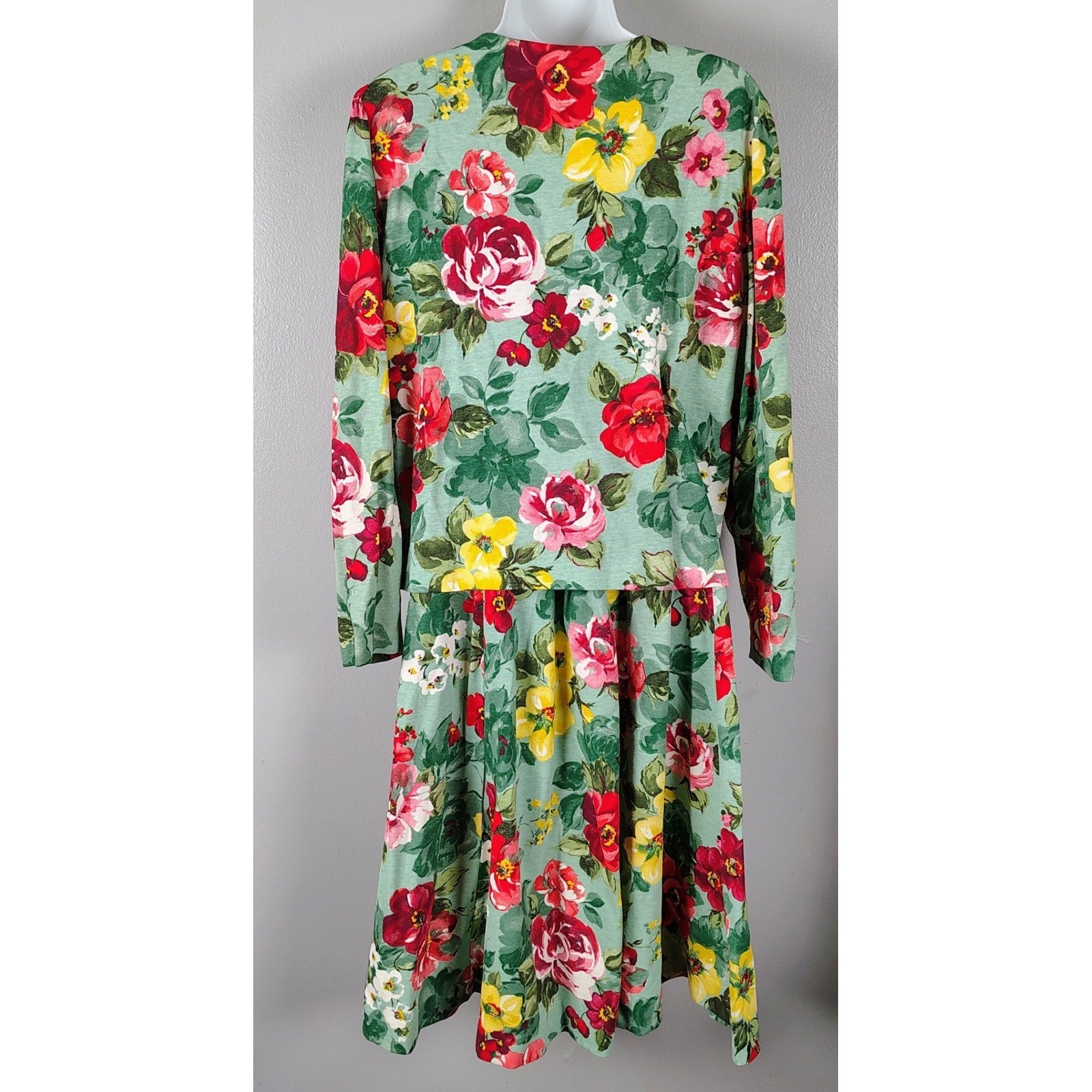 Vintage Floral 2 Piece Skirt Set Sage Green Red Yellow Made in USA romantic L