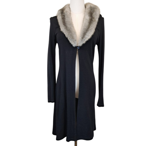 Vintage Morgan De Toi Black Knit Coat Faux Fur Collar Duster S Penny Lane Goth