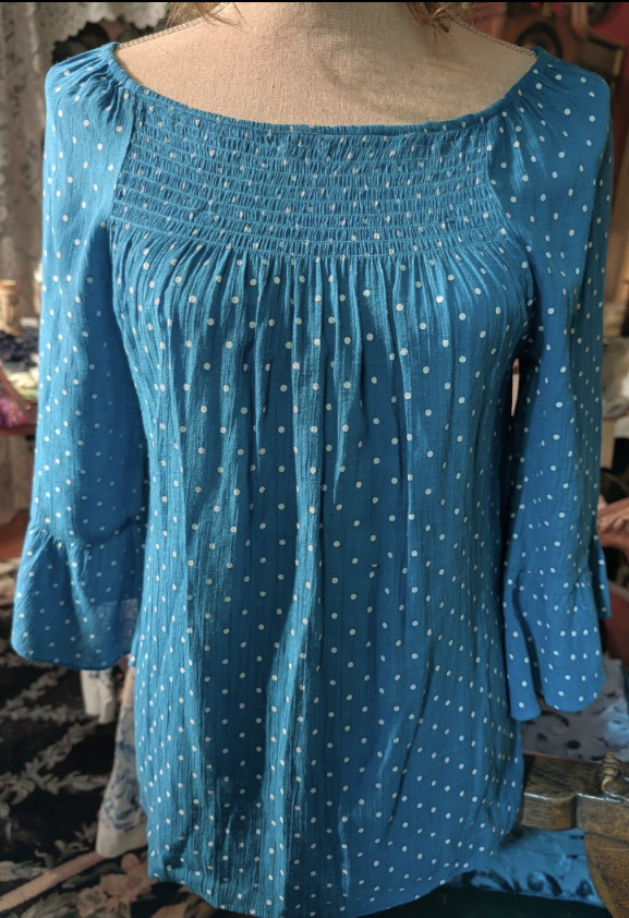 Counterparts Teal Top Elastic Neck Women Polka Dot Asymmetric Ruffle Sleeve Y2K