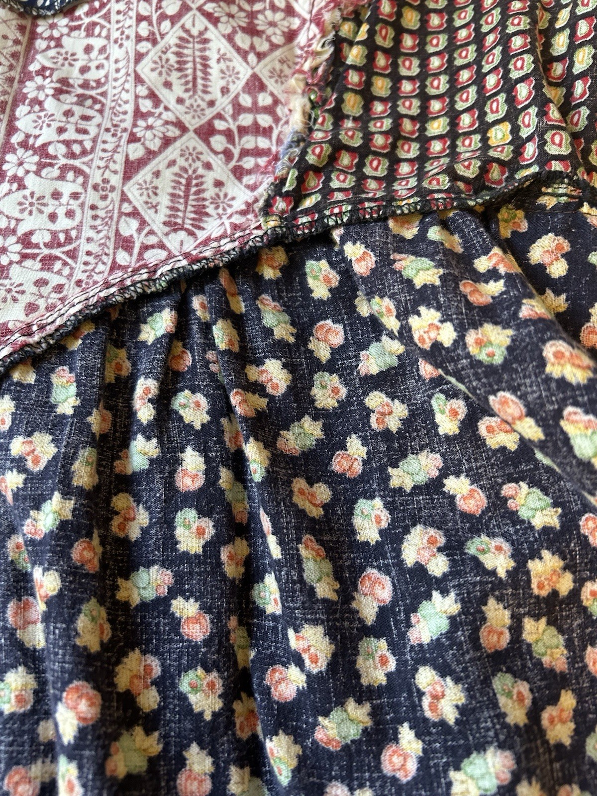 Vtg 1975 Boho Sm Blouse Pieced Quilt Patchwork Empire Waist Tie Back Eyelet yoke