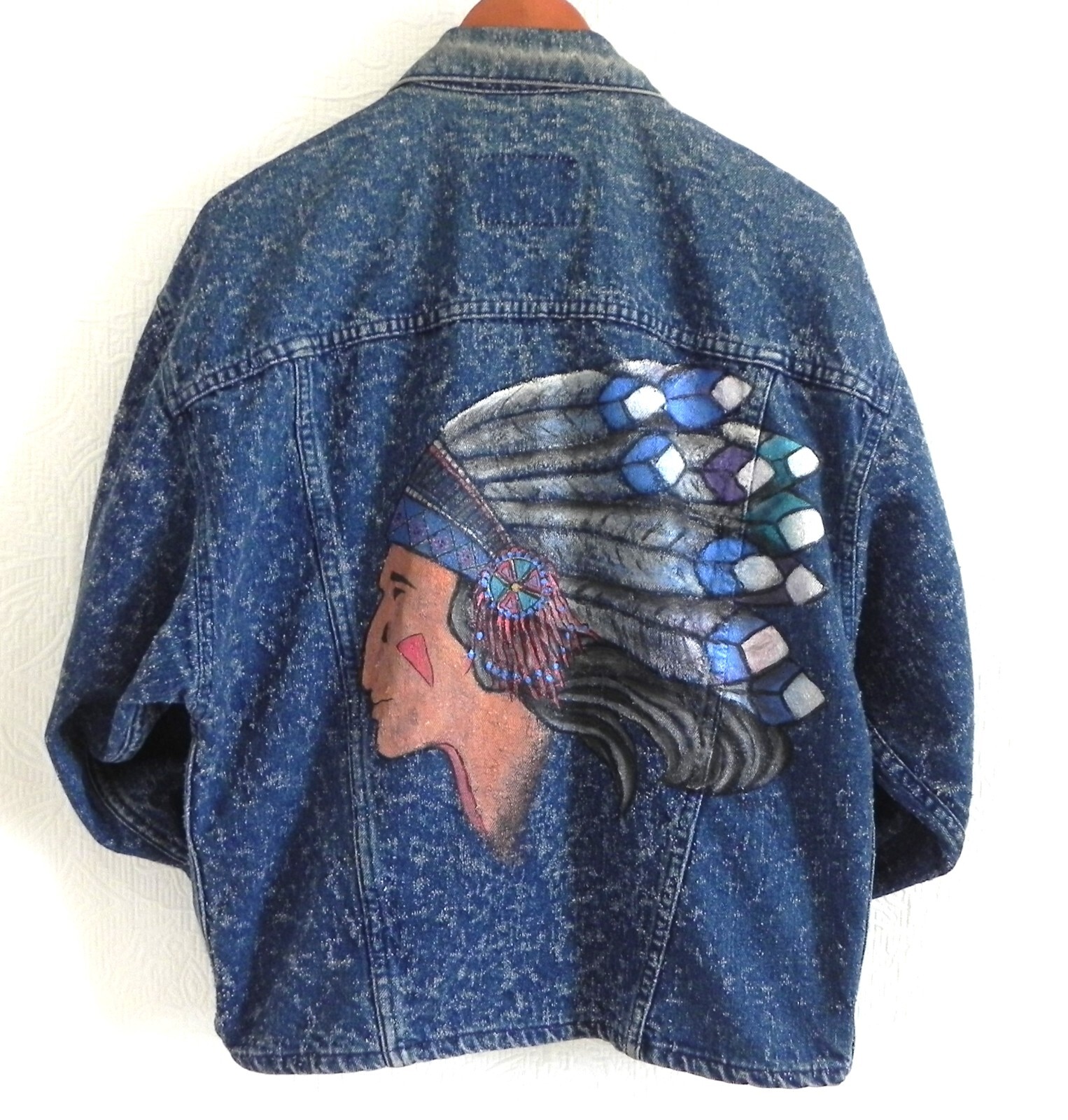 Levis One of a Kind Trucker Distressed Denim Native Chief Hand Painted Size L