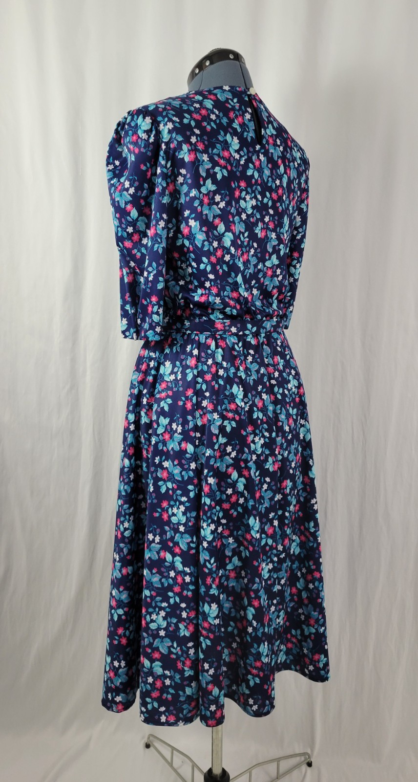 Vintage Whirlaway Blue Floral Dress w White Lace Inset & Matching Belt Size 12