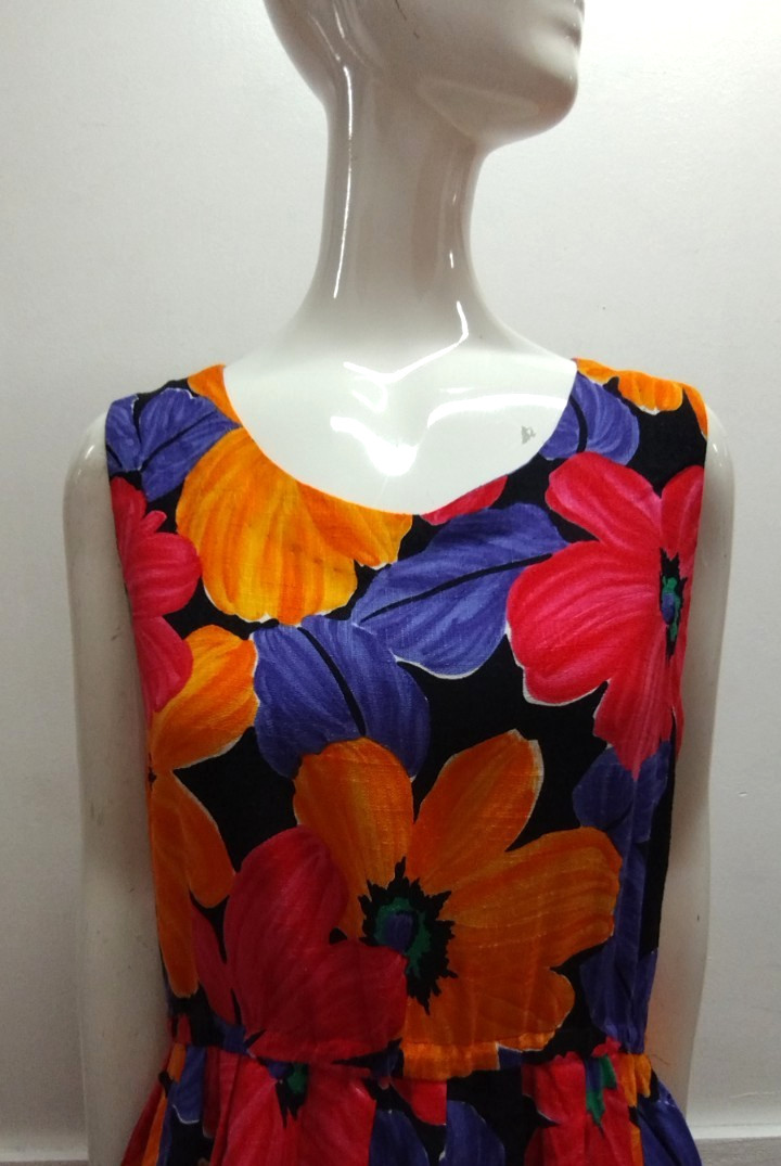 Vintage 1980s Big Floral Dress Sleeveless Sundress Red Orange Daisy Blue Medium
