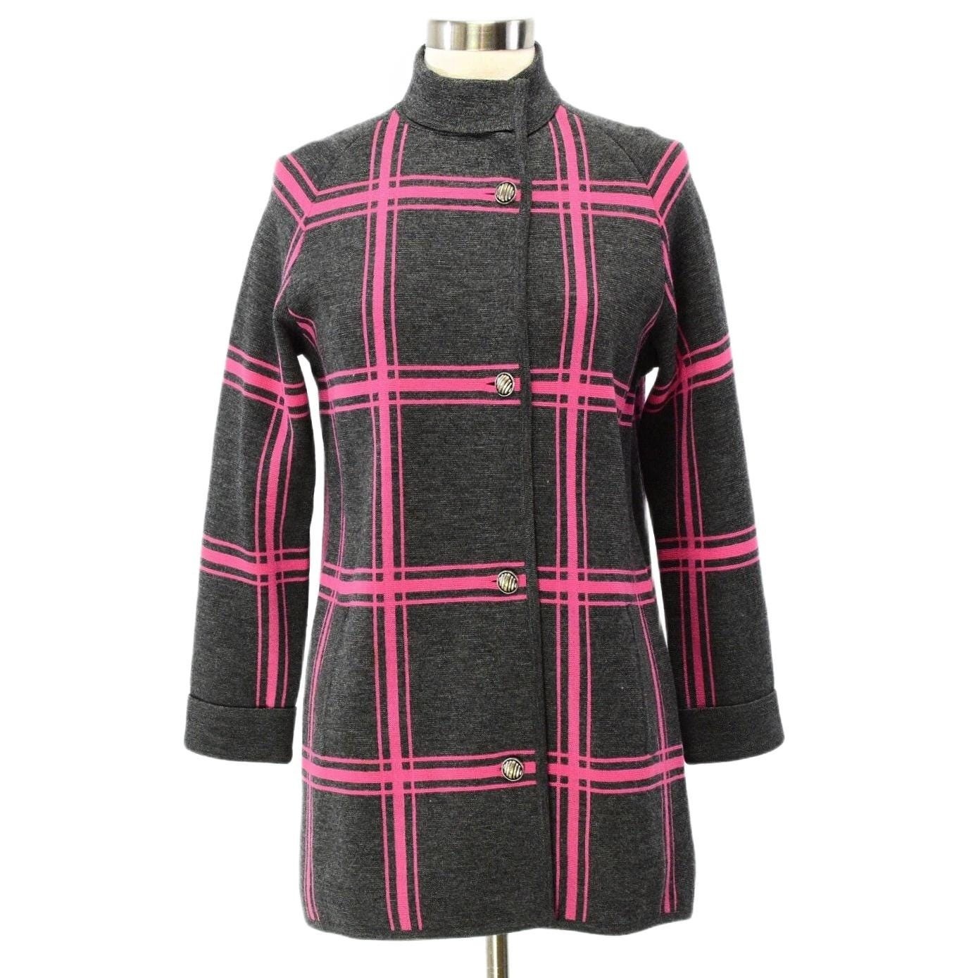 60s Vintage 100%Wool Hot Pink Knit Jacket Womens M Band Collar Plaid Sweatercoat