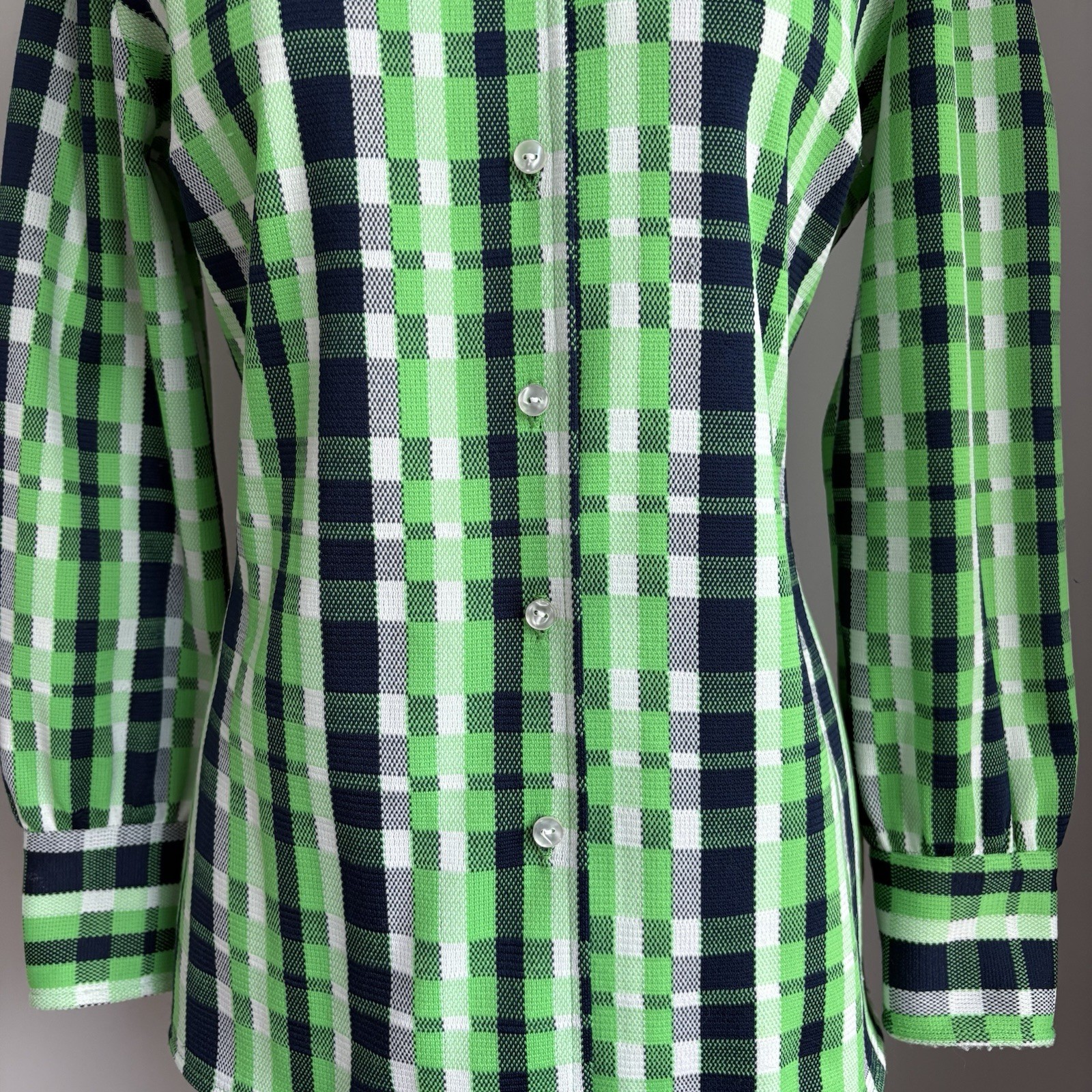 Vintage 1970’s Mod Plaid Polyester Dagger Collar Button Down Shirt Medium