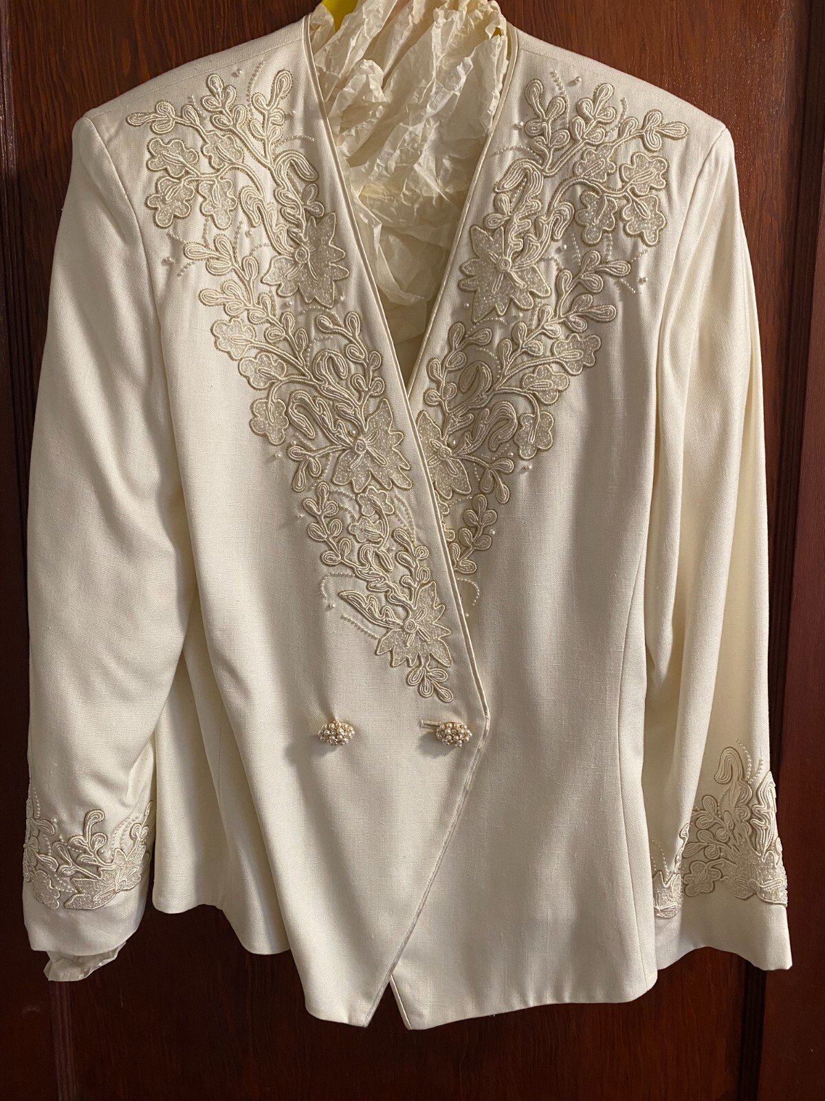 Nolan Miller skirt set, embroidered, ivory, size 6, blazer, shirt, midi skirt